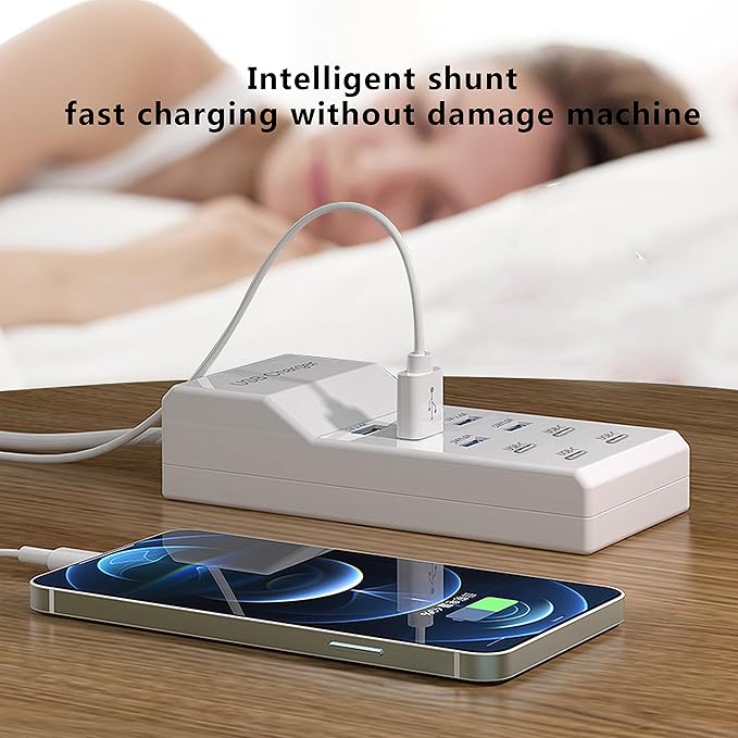 USB Charger,50W USB Charging Station with 10-Port (6 USB-A Port & 4 USB-C Port) Compatible with iPhone 15/14/13/13pro Max 12/12 Mini/12Pro/12 Pro Max/11,Tablets, Smartphones White