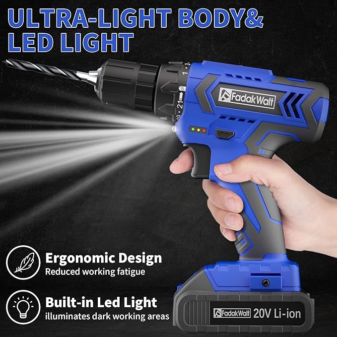 20V MAX Cordless Drill Set,Power Drill Kit with Lithium-Ion and charger, 3/8-Inch Keyless Chuck, 2 Variable Speed 21+1 Torque Setting Power Tools Kit,280 inch-lbs with LED Electric Drill Set