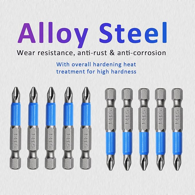 10 Pcs Magnetic Phillips Screwdriver Bit Set 2 inch Long, PH2 Phillips Bits Set, Non-Slip Cross Head Electric Screwdriver Bits Set 1/4" Hex Shank (PH2, 50mm)