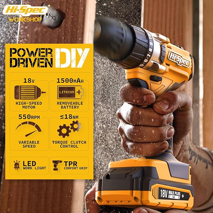 Hi-Spec 58pc 18V Electric Cordless Power Drill Driver. Includes Rechargeable Battery, Power Screwdriver Bits, Wood, Metal, and Masonry Drill Bit Set Accessories. In a Compact Case