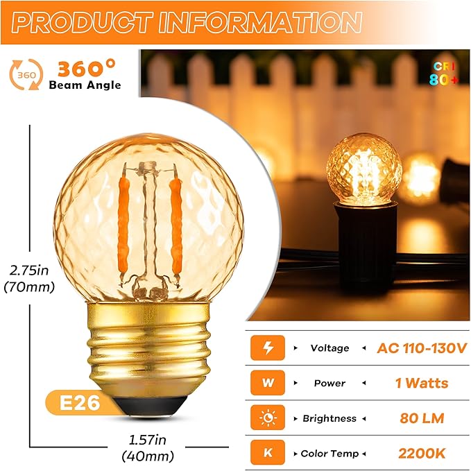 G40 LED Low Watt Light Bulbs Warm Glow E26 Amber 1W 10 Watt Light Bulb,Low Lumen Light Bulb Small Edison Short Decorative Dim Light Bulbs for Lamp,Bedroom,Warm White 2200K 100LM,Non Dimmable,PACK of 6