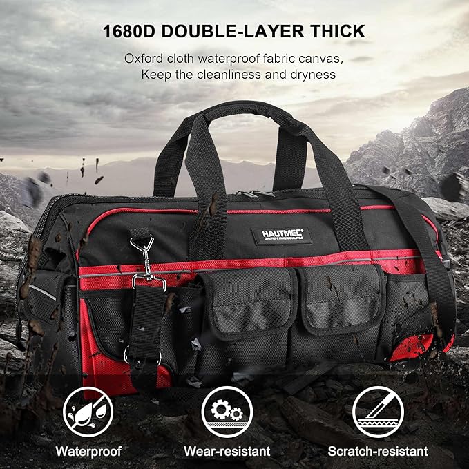 HAUTMEC 24 Inch Large Tool Bag, Heavy Duty 1680D Wide Mouth Tool Box Organizer, 36-Pockets Portable Utility Bag for Men with Level Holder and Removable Shoulder Strap, HT0284-TB