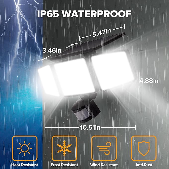 UME Solar Outdoor Lights 302 LED 3000LM, IP65 Waterproof Motion Sensor Outdoor Lights, 3 Heads Solar Security Flood Lights 270 Wide Lighting Angle with 3 Modes for Garden Patio Yard