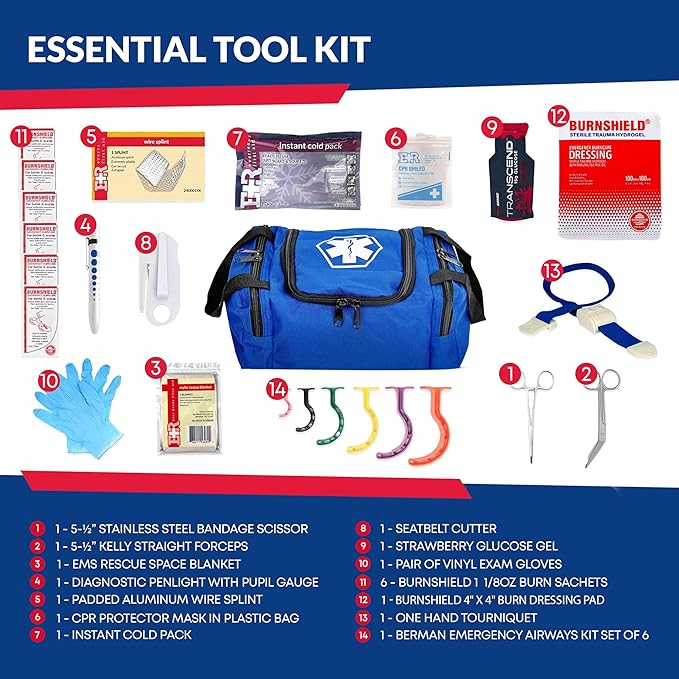 Fully Stocked Trauma First Aid Kit – First Responder II Bag with Tools, Gauze, Bandages, Scissors & Gloves – Compact & Portable – OSHA and ANSI Compliant – Blue