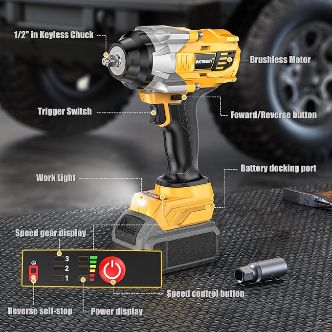 Impact Wrench Compatible with DeWalt 20V MAX Battery: 1/2 Inch Hog Ring Impact Driver High Torque - 1360N.m/1000Ft-lbs Cordless Impact Gun - Brushless Motor with LED Light - Tool Only