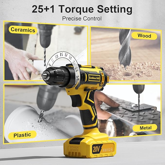 Cordless Drill, 20V Power Drill, Double 2000mAh Power Pack Electric Drills, Cordless Drills with Power Pack and Charger, 3/8" Keyless Chuck Screwdriver with 25+1 Max 370 In-lb Torque, 42Pcs Bits