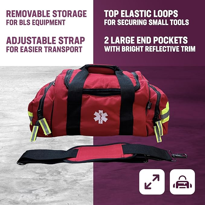 Kemp USA Maxi Trauma Bag - Large First Aid Kit for EMT First Responders - Water Resistant 600D Nylon - Buckle Closure with Adjustable Strap & Reflective Trim - Red
