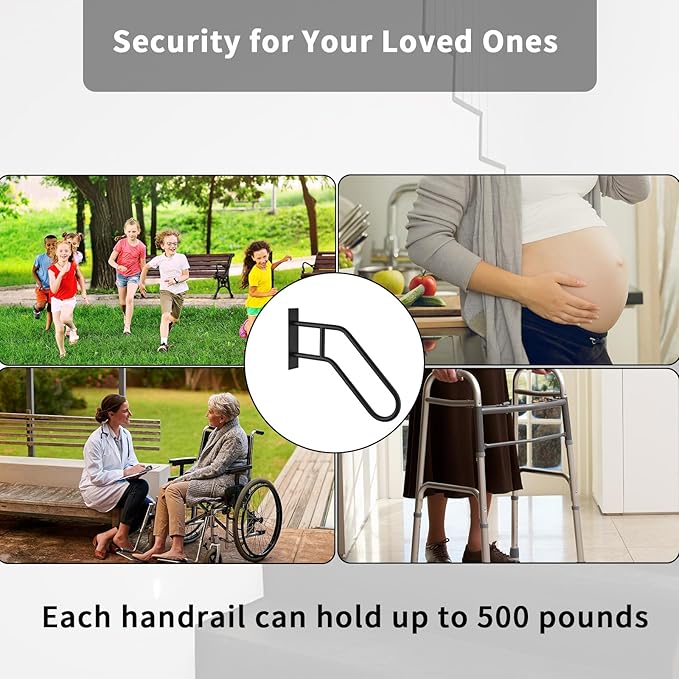 2- Pack Outdoor Handrail for Stairs and Deck - Adjustable Aluminum Stair Railing with Anti-Slip Grip, Heavy Duty Exterior Handrail for Steps, Porch, Elderly Safety -Black