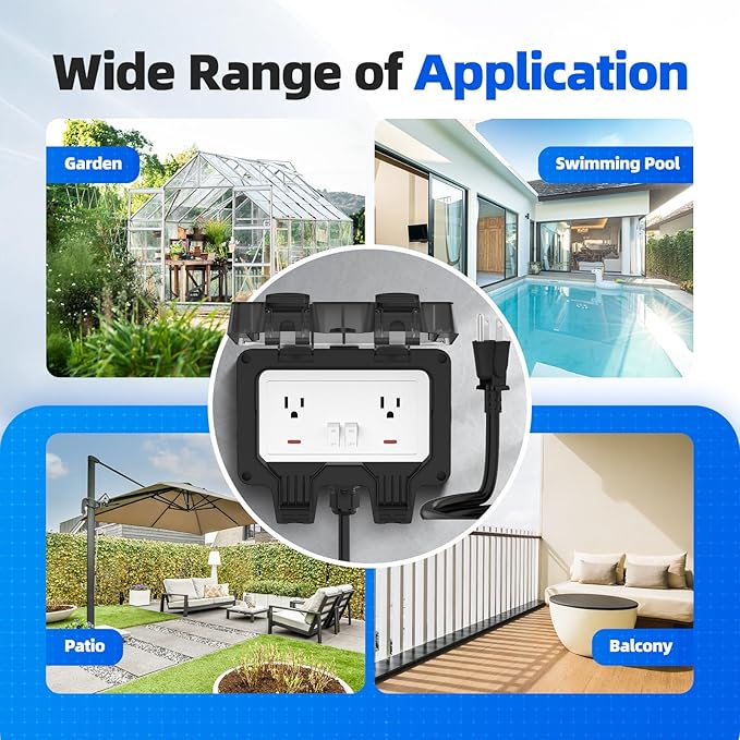 Outdoor Outlet Box with 32.8Ft Extension Cord, NEMA 5-15R, STW 14 AWG,IP66 Waterproof Power Outlet Extender with On/Off Switch & LED Indicator for Garden Yards& Outdoor Activity