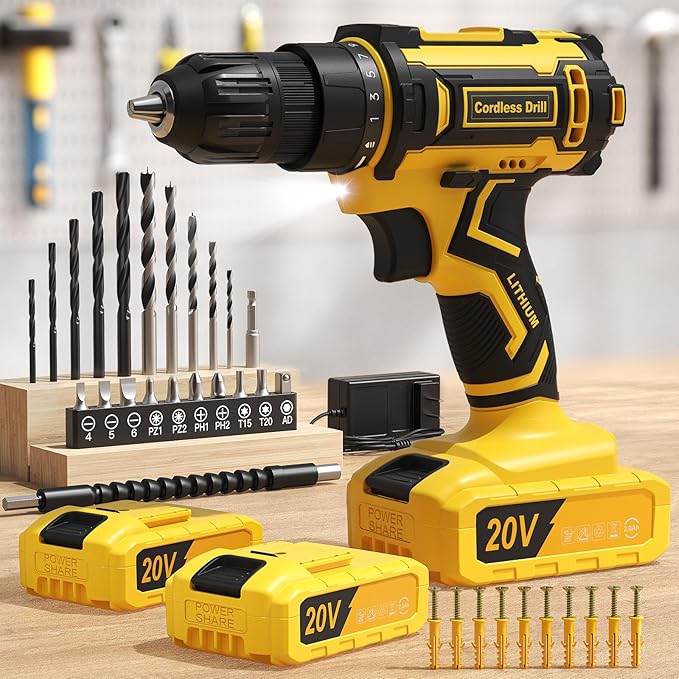 Cordless Drill, 20V Power Drill, Double 2000mAh Power Pack Electric Drills, Cordless Drills with Power Pack and Charger, 3/8" Keyless Chuck Screwdriver with 25+1 Max 370 In-lb Torque, 42Pcs Bits