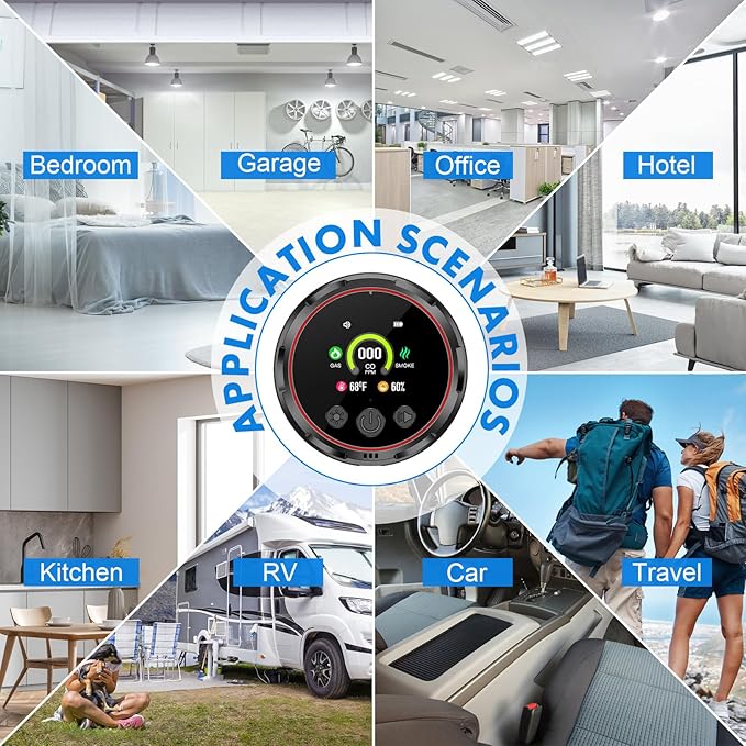 Carbon Monoxide Detectors, 5-in-1 Plug in Natural Gas & Smoke Detector, CO Methane Propane Combustible Combination Gas Alarm with Temp Humidity Sensor HD Screen for RV Home Travel Kitchen Black 1 Pack