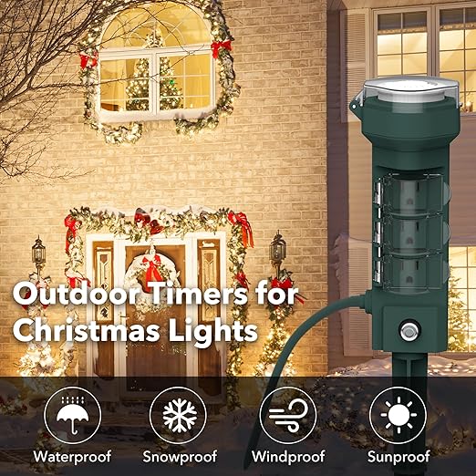HBN 24 Hour Mechanical Outdoor Tmer for Lights Waterproof,6 Outlets Power Yard Stake for Halloween/Christmas Decorations,Outside Power Strip for Yard Garden,6 ft Extension Cord,1875W/15A