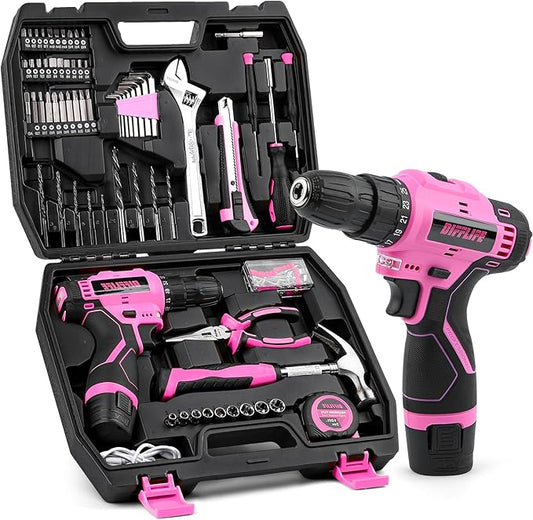 147 Piece Pink Power Drill Drivers Tool Set with 12V Cordless Drill, Professional Household Home Tools Kit Set, DIY Pink Electric Drill Cordless Hand Tool Box for Women