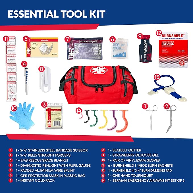 Fully Stocked Trauma First Aid Kit – First Responder II Bag with Tools, Gauze, Bandages, Scissors & Gloves – Compact & Portable – OSHA and ANSI Compliant – Red