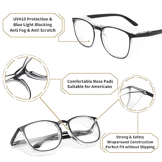 Alsenor Safety Glasses Anti Fog Goggles Protective Eyewear Blue Light Blocking Anti Dust UV Protection Glasses For Men Women (2 Pack (Black + Transparent))