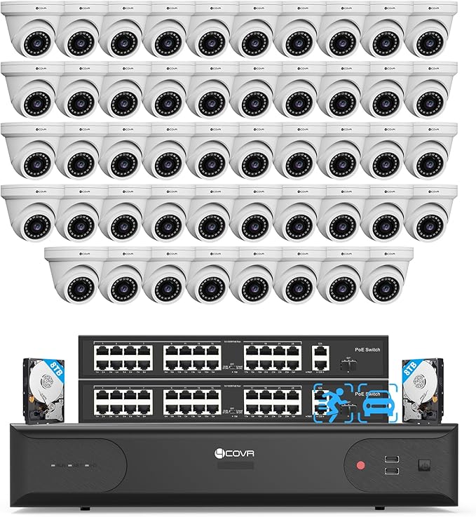 4COVR 4K PoE 64 Channel Security Camera System & AI Human Vehicle Detection, UtraHD 8MP NVR 16TB HDD, 48Pcs 8MP Commercial Dome IP Camera IP67 Night Vision, 24/7 Business Surveillance, LY97AX8M6448
