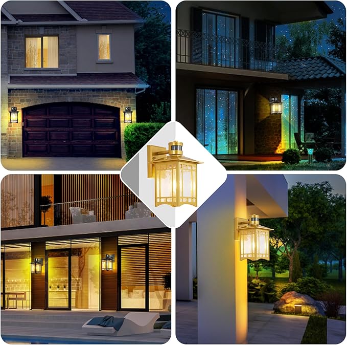 2 Pack Motion Sensor Outdoor Lights, Dusk to Dawn Lighting, LED Exterior Light Fixture, Anti-Rust Lantern for Front Porch, Waterproof Golden Outdoor Wall Sconce for House, Garage, Patio