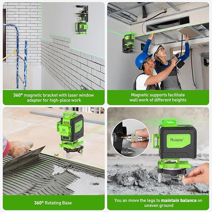 Huepar Laser Level 360 Self Leveling, 16 Lines High Accuracy ±1/9" Green Laser Level with Remote Control, 4x360 Cross Line Tiling Floor Laser Tool, 4D for Construction 904DG
