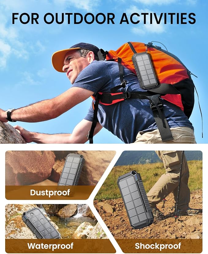 Riapow Solar Charger Power Bank 27000mAh Wireless Portable Charger, 22.5W Fast Charging Battery Bank Built in Cables, PD QC3.0 External Battery Pack with USB C for iPhone Tablet, Flashlight (Black