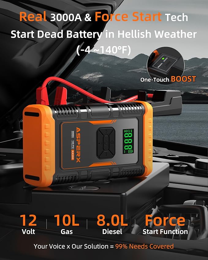 ASPERX Jump Starter with Air Compressor,γUpgrade & Safety Certsγ10L Gas/8L Diesel(Almost All Cars) 12V Jumper Box Car Battery Jumper Starter Portable with Tire Inflator, Jumper Cables, Display & Light