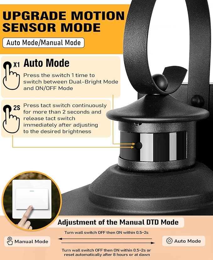 DBF 2 Pack Dusk to Dawn Motion Sensor Outdoor Lights 17.5 Inch, 3 Lighting Mode Exterior Light Fixtures Porch Lights Outdoor Wall Sconces Waterproof Anti-Rust, Black Wall Lanterns for House Front Door