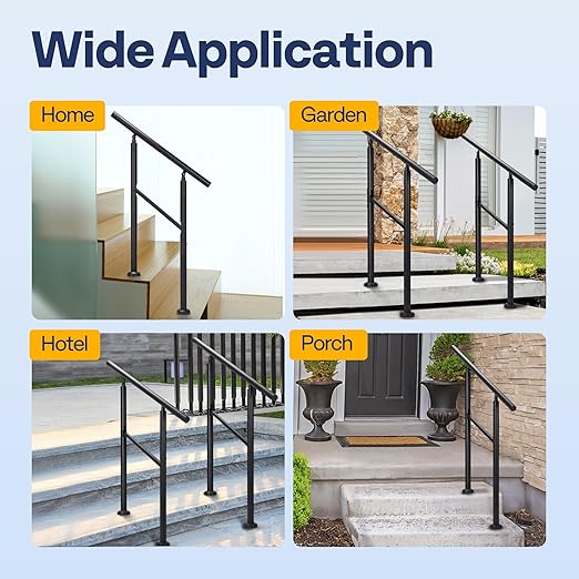 VIVOHOME 2-Pack 2 Step Hand Rails for Outdoor Steps, Galvanized Steel Railing, Black Round Exterior Handrails for Porch, Deck, or Indoor Stairs, Complete Installation Kit