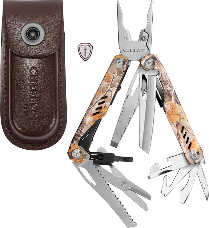 Cherev Tools 19-in-1 Multitool Pliers - Survival Gear Multi Tool with Pocket Knife, Wire Cutter, Ruler, Nail File, Can & Bottle Opener, Cutter, Scissors, Screwdrivers, Self-Driver Bits - Camo Finish