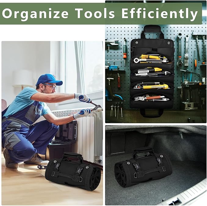 Roll Up Tool Bag Organizer, Tool Bags for Men, Tool Roll Bag with 2 Detachable Zipper Pouches, Heavy Duty Tool Bag for Dad Birthday, Father’s Day Gifts, Handyman or RV Owners (Black)