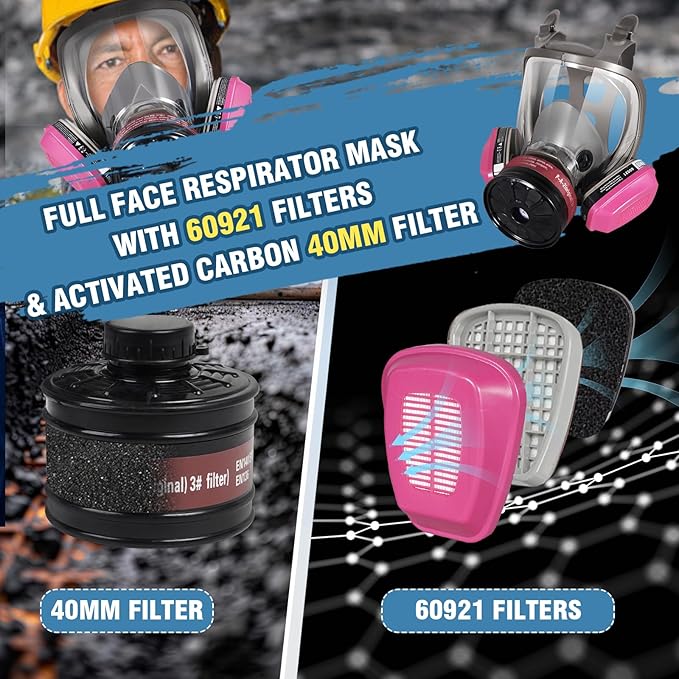 Full Face Gas Mask Respirator with 60921 & 40mm Activated Carbon Filters - Survival Nuclear and Chemical, for Welding Painting Mold Dust Epoxy Resin Polishing Reusable 6800
