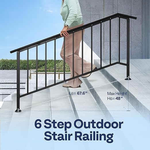 VIVOHOME 2-Pack 6 Step Galvanized Steel Hand Rails for Outdoor Steps β Black Oval and Safety Balusters Exterior Railing for Porch, Deck, or Indoor Stairs, Complete Installation Kit