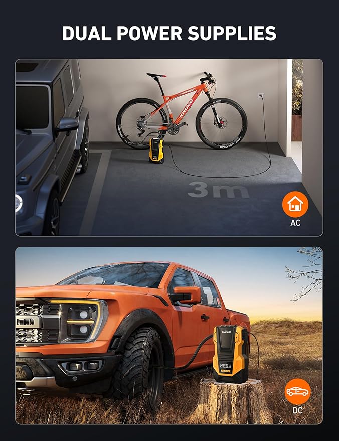 AstroAI AC/DC Tire Inflator Portable Air Compressor for Car, Air Pump for Car Tires, Car Accessories 150PSI with LED Light for Cars, Balls, Motorcycles, and Other CZK-3666 Yellow