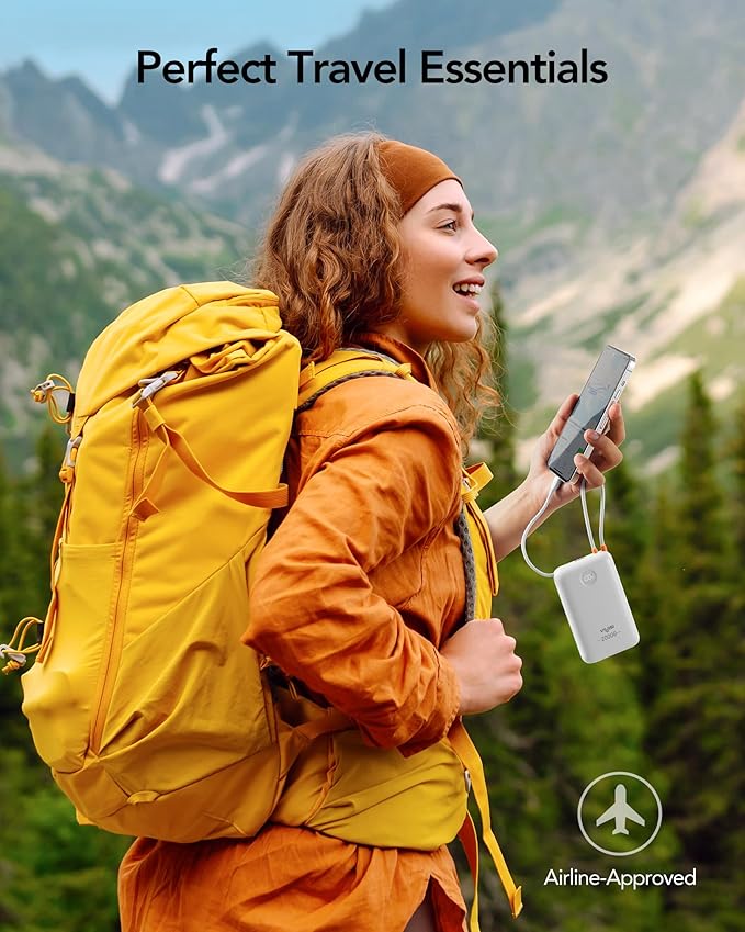 Portable Charger 20000mAh 30W Fast Charging, Power Bank with Built-in Cables & LED Display, USB C Battery Pack for iPhone 16/15/14, Samsung, iPad and Android Phones, Ideal for Travel -White