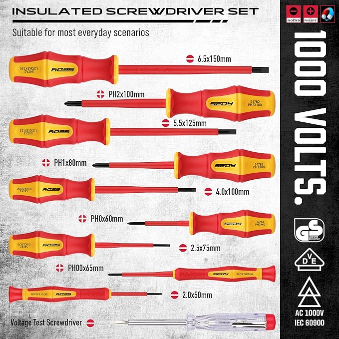 Insulated Screwdriver & Pliers Set: 14-Piece VDE Insulated Set 1000V Insulated Electrician Tool Set with Magnetic Phillips, Slotted Screwdrivers and Insulated Pliers