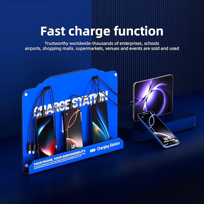 Wall Mounted 8 Port Charging Station with Fast Charigng Cables – Multi Device Charging Dock for Office, Hotel & Public Spaces | Compatible with iPhone ipad Smartphone Tablets Android Port (Blue)