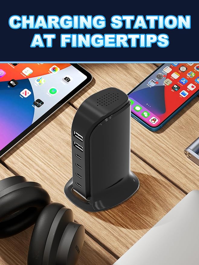 USB Charger, Charging Station for Multiple Devices 65W, Fast Charging Blocks with 4Type C Ports, Dual USB Charging Hub Organizer Multiport for iPhone, Ipad, Smartphones, Travel Accessories (Black)