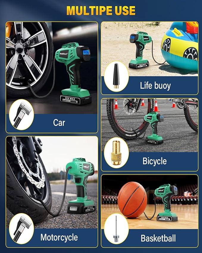 Tire Inflator Portable Air Compressor, 20V Cordless Car Tire Pump, Rechargeable Battery Powered Air Compressor w/12V DC Adapter Light Green