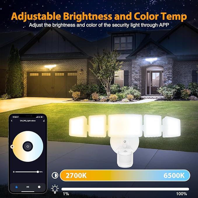 Onforu 5 Heads 120W Smart LED Security Lights Motion Sensor Outdoor, 340° Illumination WiFi Alexa Flood Light 12000LM APP Control, 2700K-6500K Exterior Motion Detector, IP65 Wall Light for Yard, White