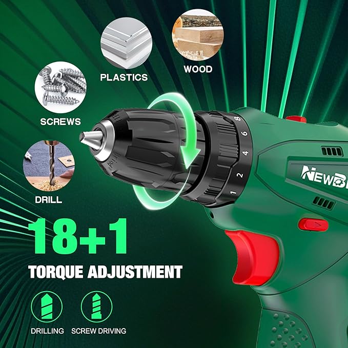 NEWBEAT Power Drill Set, 12V Cordless Drill with 2 Battery and Charger, 2 Variable Speed, 18+1 Torque Setting, Tools for Home and DIY Project