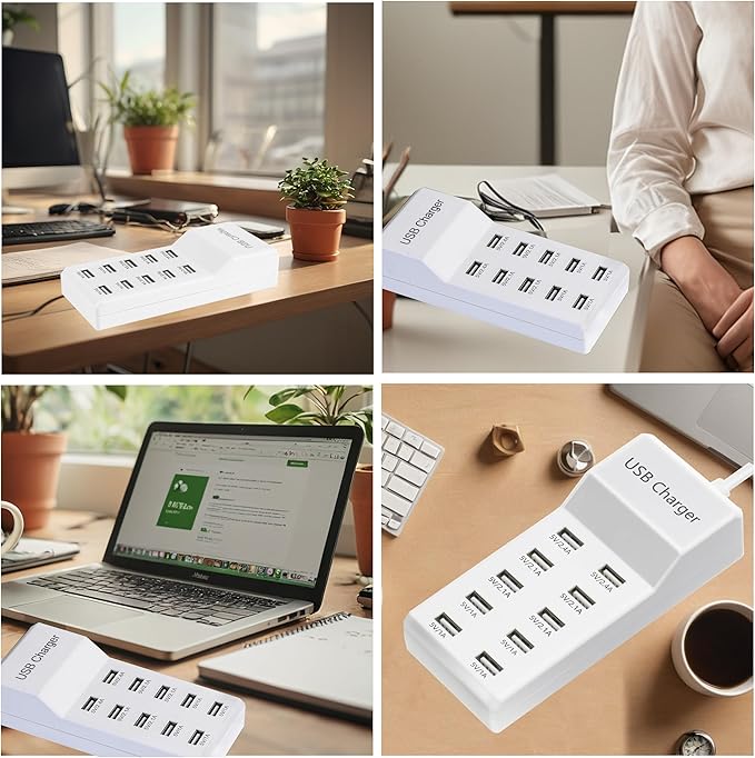 White 10-Port USB Charging Station for Phones, Tablets, Smartphones and Watch - 10 USB-A Ports