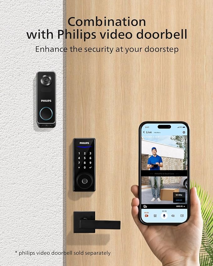 Philips Wi-Fi Smart Door Lock, Keyless Entry Door Lock with App Control,Fingerprint ID,Auto Lock,Keypad Deadbolt with Wi-Fi Bridge Adaptor,Smart Locks for Front Door-Matte Black