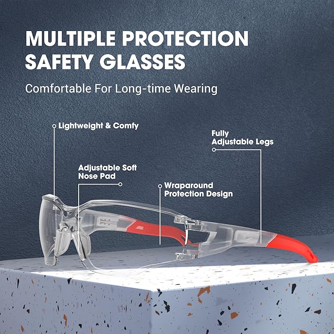 DILANCO Clear Safety Glasses Goggles, Adjustable Frames and Scratch-Resistant with No-Slip Grips Safety Glasses for Women Men