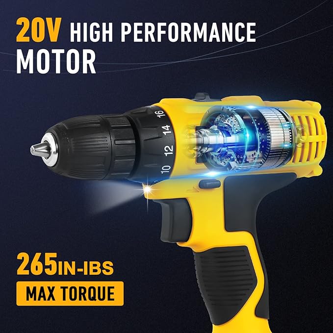 KREBS 20V Cordless Drill Electric Power Drill Set 3/8” Keyless Chuck 265 in-lbs Torque 18+1 Position Drill Driver Kit LED Light 88pcs Accessories for Furniture Assembly, DIY Project, Home Improvement.