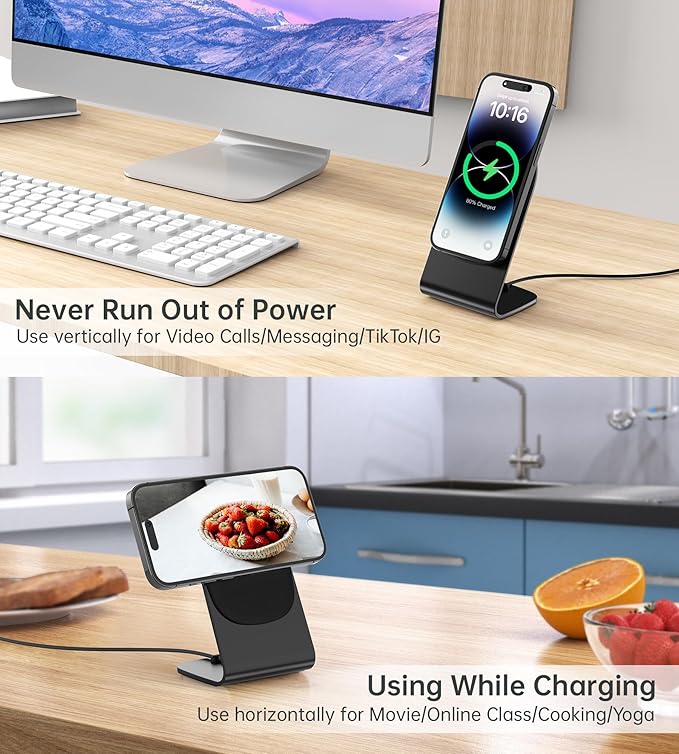 Magnetic Wireless Charger with Aluminum Charging Pad Stand Compatible with iPhone 16/15/14/13/12 Series,20W PD Charger&5ft Cable Included, Black