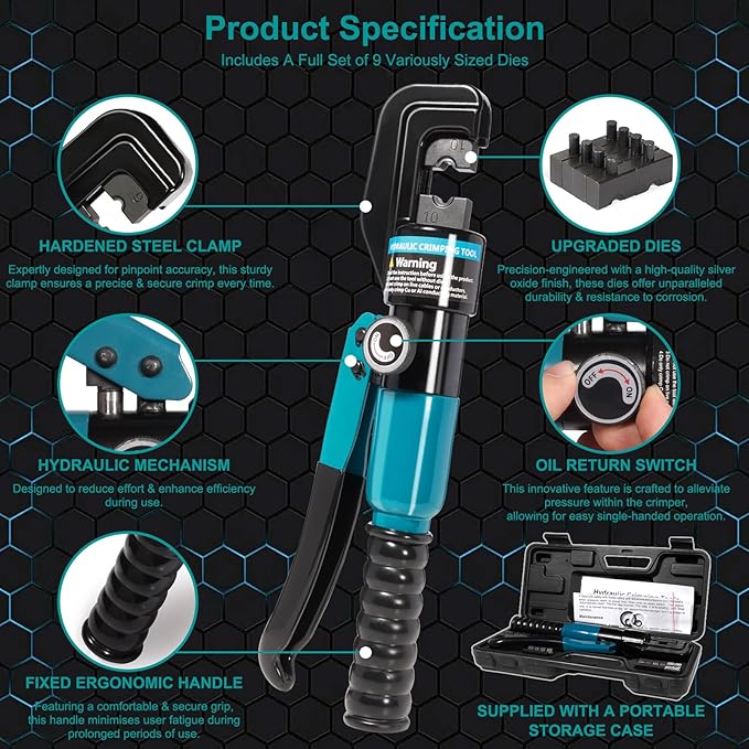 10 Tons Hydraulic Crimping Tool, Hydraulic Crimper for 12 AWG to 2/0 AWG Battery Cable,1/16" 1/8" 3/16" Stainless Steel Cable, Battery Cable Crimper Tool with Cable Cutter & 9 Dies