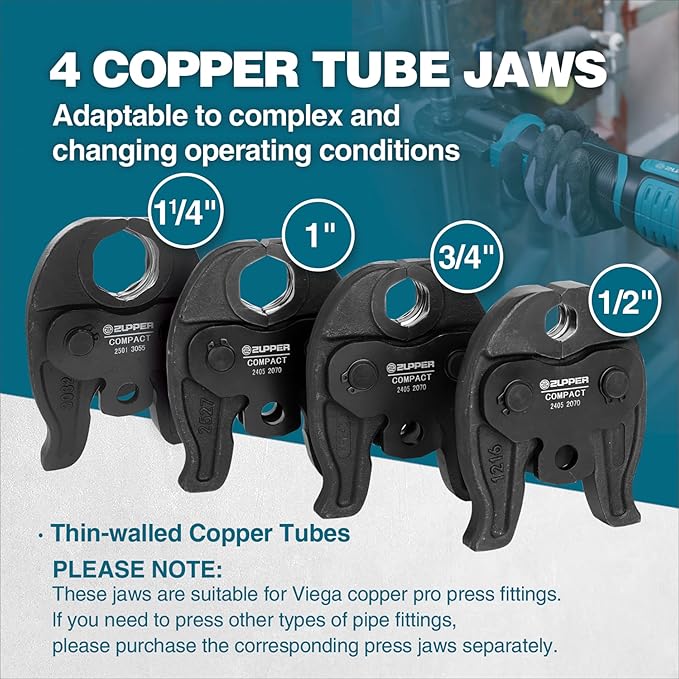 Compact Pro Press Tool kit with 4 Copper Pro Press Jaws 1/2" to 1-1/4", Brushless Motor, 2pcs Battery, Fast Charger & Carrying Case