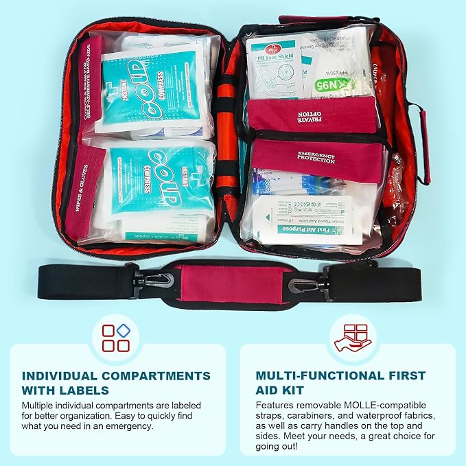 Professional 435 Pieces Large First Aid Kit - Includes Compressed Gauze - Compartments Emergency Medical Kit for Home, Camping, Backpacking, Travel, Boat, Car,Outdoors(Pink)