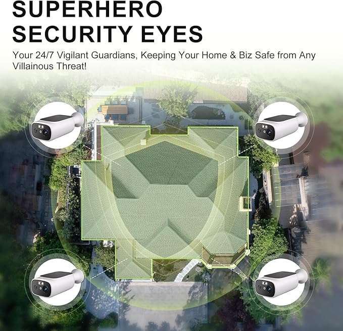 2K Solar Security Cameras Wireless Outdoor-2.4/5Ghz WiFi Cameras for Home Security, AI Motion Detection, Color Night Vision, SD Card/Cloud Storage, Waterproof, Work with Alexa/Google Home (4 Cameras)