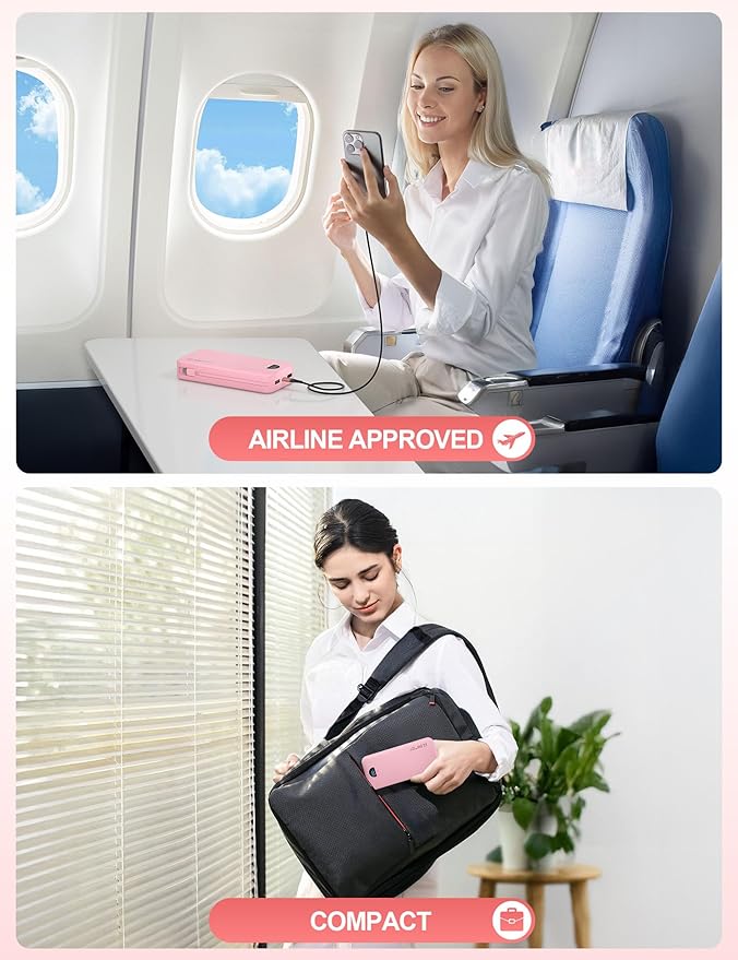 Portable Charger Power Bank, 20000mAh 22.5W USB C Fast Charging Power Bank with Built-in Cables & Wall Plug, Battery Pack with LED Display, Travel Essential Compatible with iPhone, iPad, Samsung Pink