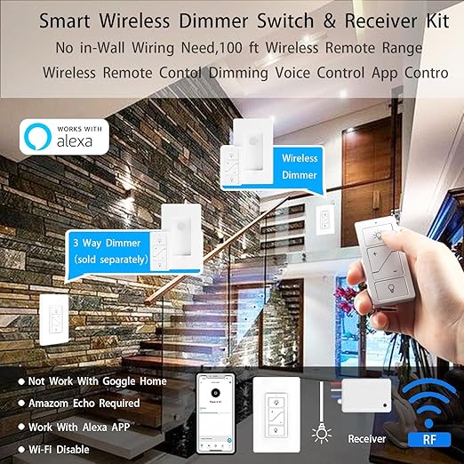 Wireless Light Switch, Remote Light Switch Compatible with Alexa, Smart Wireless Dimmer Switch and Receiver, Wall Lighting Fixture for Ceiling Lights, Fans, Lamps