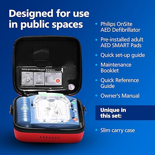 Philips HeartStart OnSite AED Defibrillator with Portable Emergency Medical Kit, CPR Guidance and Voice Prompts, with Slim Carry Case, M5066A-C02
